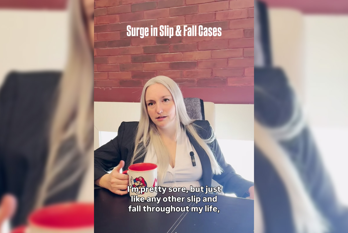 Attorney Amanda Blum sitting in front of a brick wall discussing the recent surge in slip and fall cases.