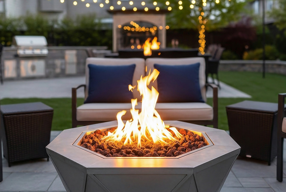 A close up of a fire pit with chairs in the background to demonstrate Summer Bonfire Slip and Fall Safety.